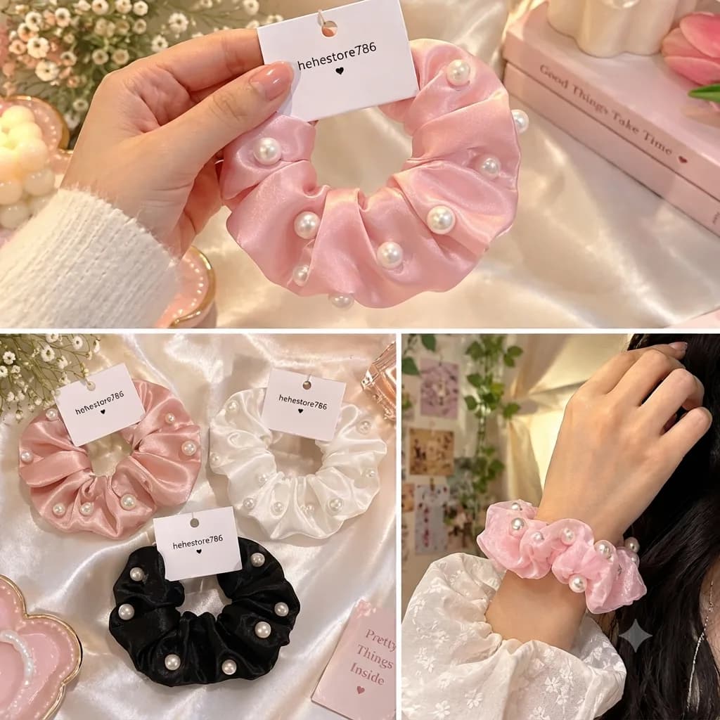 Pearl satin scrunchies